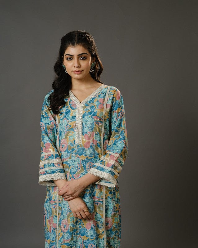 Stone Blue 3/4th Sleeves Chanderi Digital Floral Print, Mirror Work Calf Length Kurta Set - With Dupatta