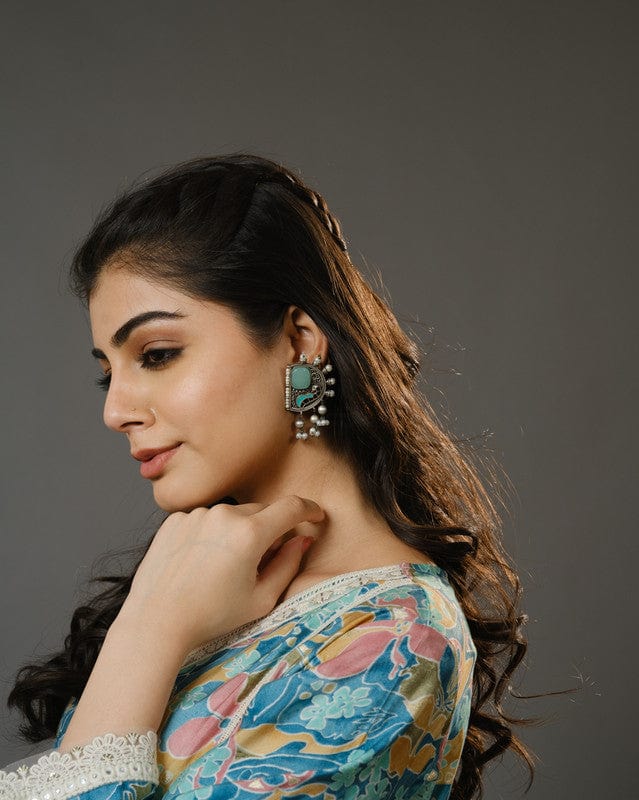 Stone Blue 3/4th Sleeves Chanderi Digital Floral Print, Mirror Work Calf Length Kurta Set - With Dupatta