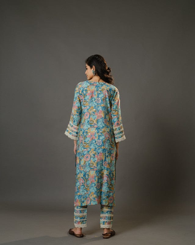 Stone Blue 3/4th Sleeves Chanderi Digital Floral Print, Mirror Work Calf Length Kurta Set - With Dupatta