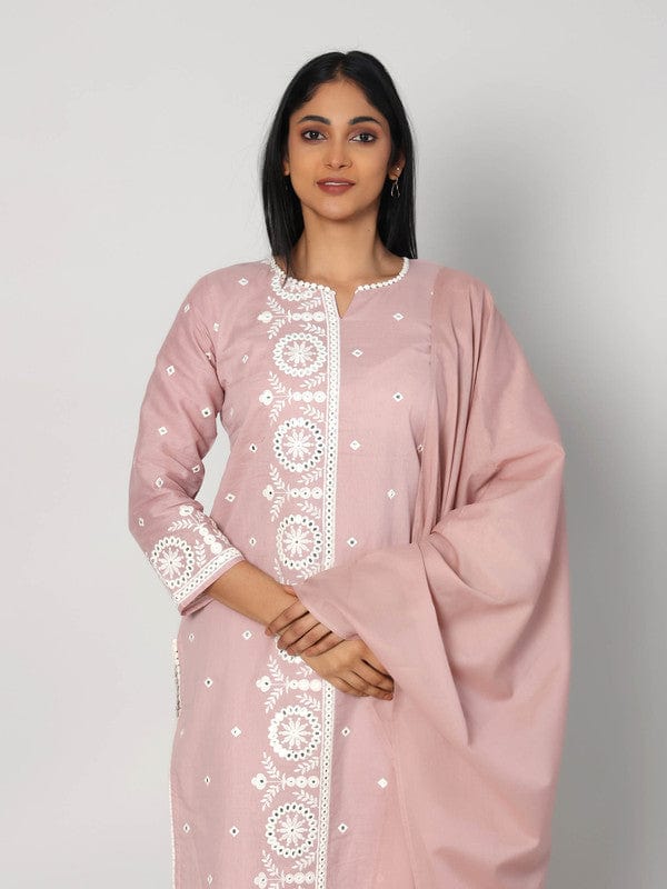 Mauve 3/4th Sleeves Cotton Thread work and mirror work Calf length Kurta Set - With Dupatta