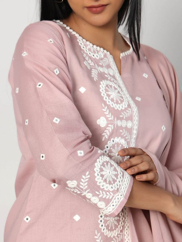 Mauve 3/4th Sleeves Cotton Thread work and mirror work Calf length Kurta Set - With Dupatta