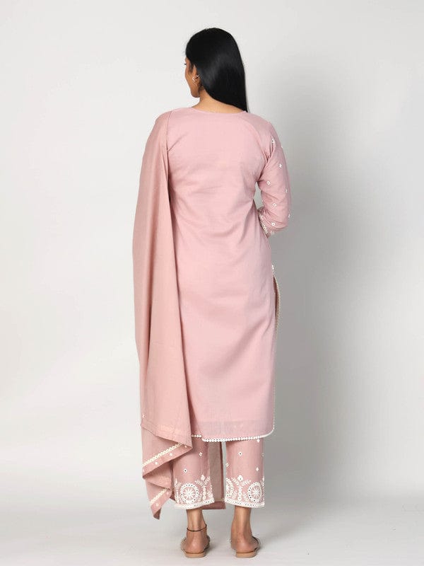 Mauve 3/4th Sleeves Cotton Thread work and mirror work Calf length Kurta Set - With Dupatta