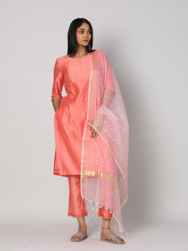 Peach 3/4th Sleeves Chanderi Knife pleats at the front with zari stitch Calf length Kurta Set - With Dupatta