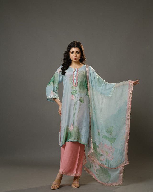 Sky Blue 3/4th Sleeves Chanderi Digital Floral Print, Embellishment Work Knee Length Kurta Set - With Dupatta