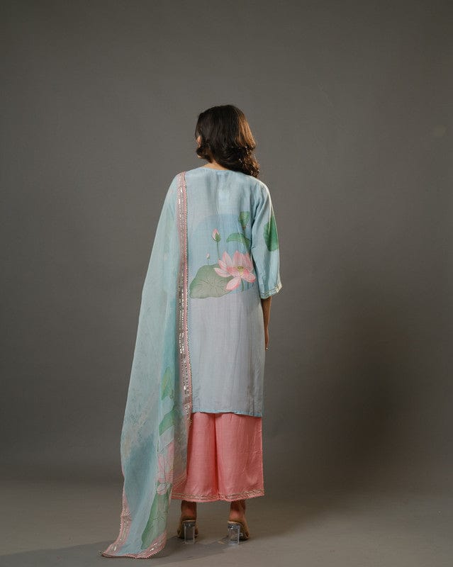 Sky Blue 3/4th Sleeves Chanderi Digital Floral Print, Embellishment Work Knee Length Kurta Set - With Dupatta