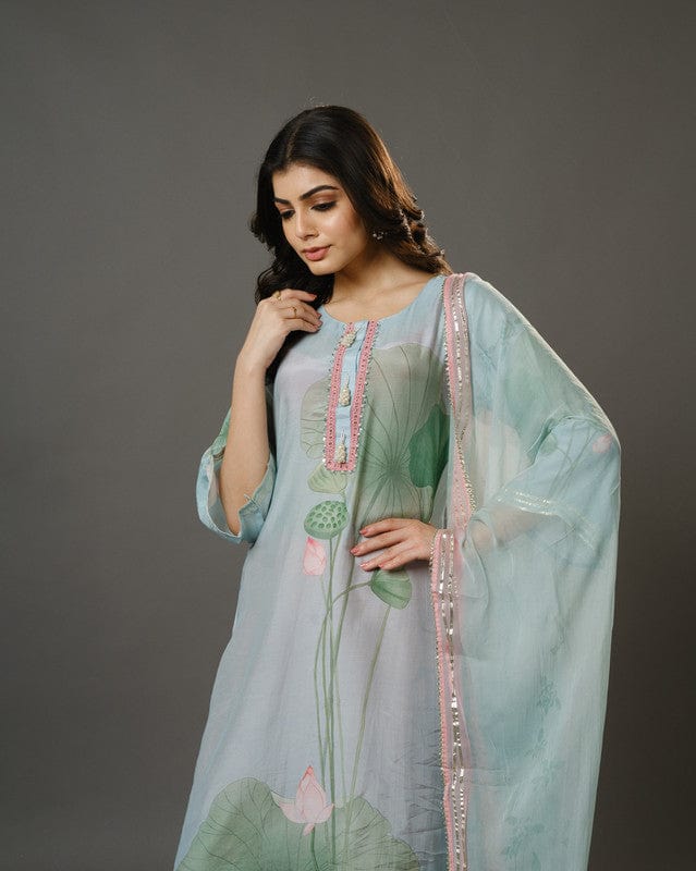 Sky Blue 3/4th Sleeves Chanderi Digital Floral Print, Embellishment Work Knee Length Kurta Set - With Dupatta