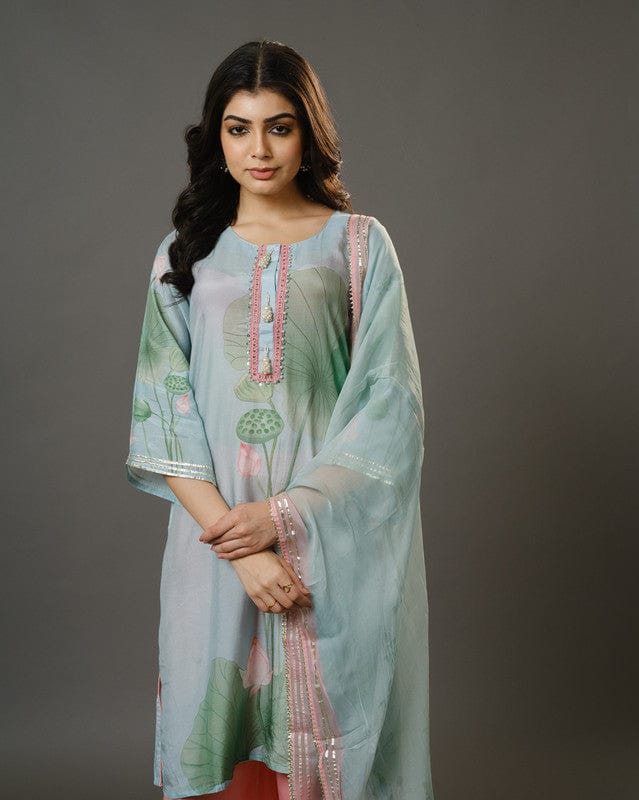 Sky Blue 3/4th Sleeves Chanderi Digital Floral Print, Embellishment Work Knee Length Kurta Set - With Dupatta