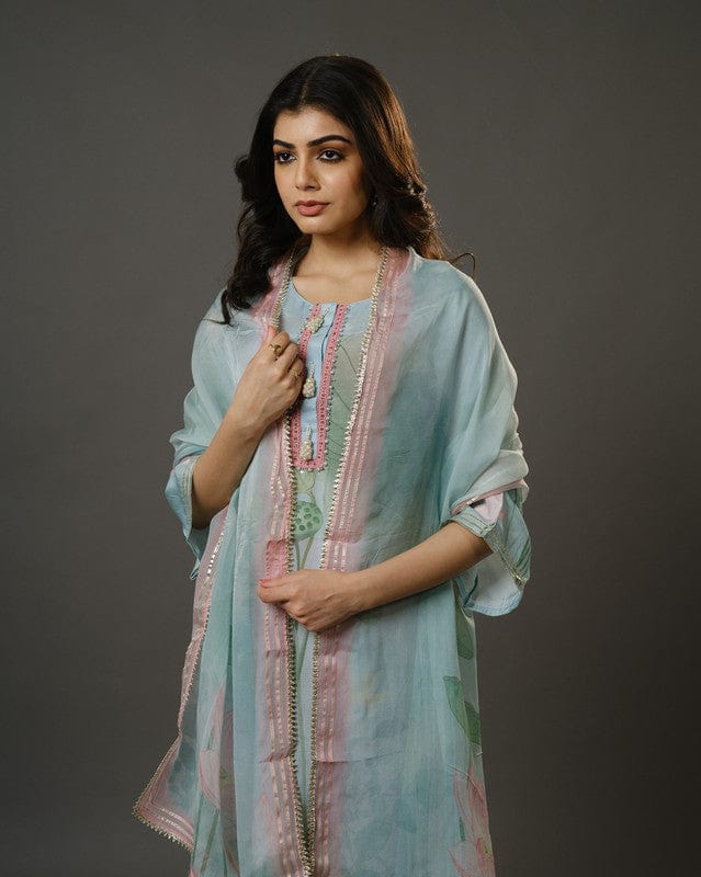 Sky Blue 3/4th Sleeves Chanderi Digital Floral Print, Embellishment Work Knee Length Kurta Set - With Dupatta