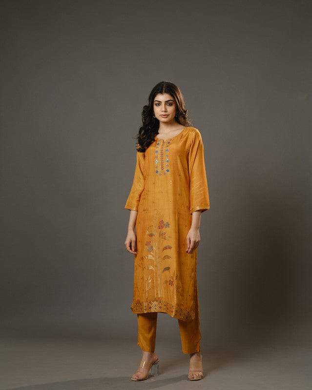 Yellow 3/4th Sleeves Chanderi Banarasi Print, Mirror Work Calf Length Kurta Set - With Dupatta