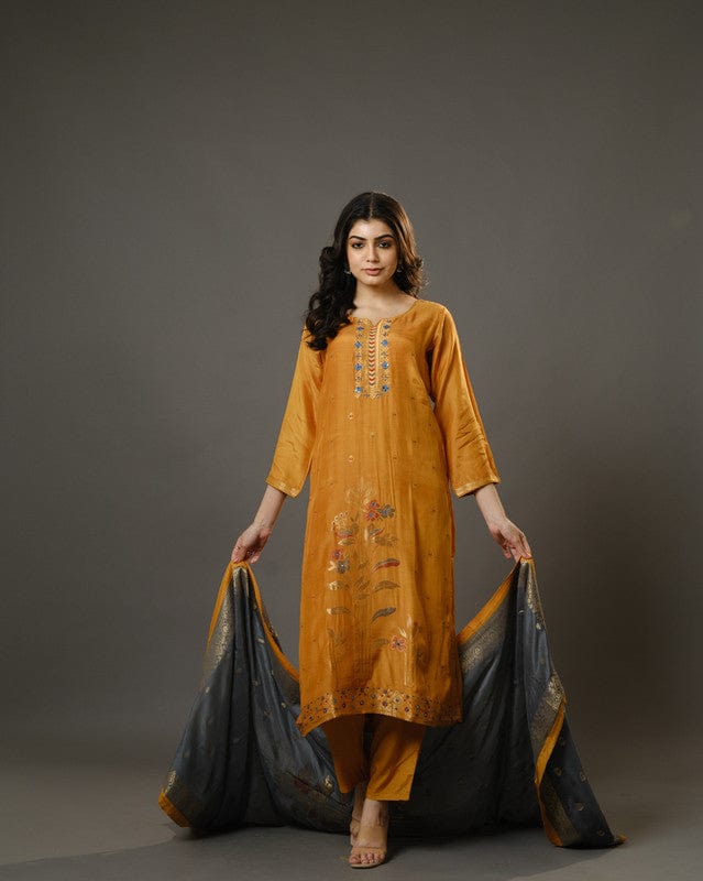 Yellow 3/4th Sleeves Chanderi Banarasi Print, Mirror Work Calf Length Kurta Set - With Dupatta