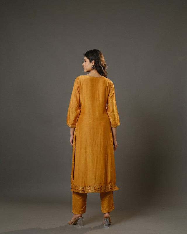 Yellow 3/4th Sleeves Chanderi Banarasi Print, Mirror Work Calf Length Kurta Set - With Dupatta