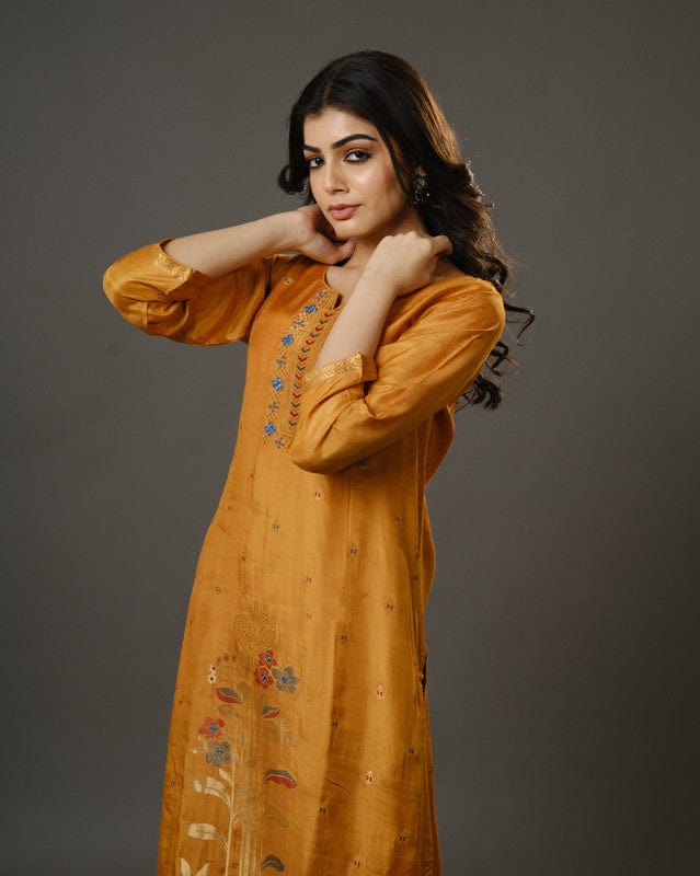Yellow 3/4th Sleeves Chanderi Banarasi Print, Mirror Work Calf Length Kurta Set - With Dupatta