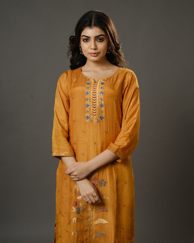 Yellow 3/4th Sleeves Chanderi Banarasi Print, Mirror Work Calf Length Kurta Set - With Dupatta