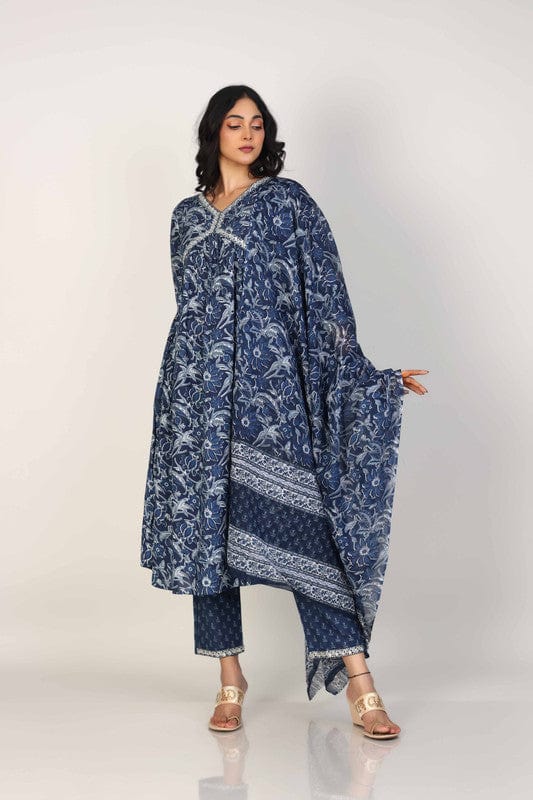 Navy 3/4th Sleeves Cotton All over print Calf length Kurta Set - With Dupatta