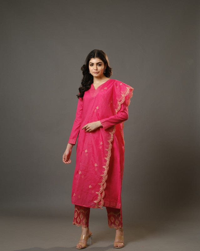 Pink Full Sleeves Cotton Blend Slub Thread Work Calf Length Kurta Set - With Dupatta