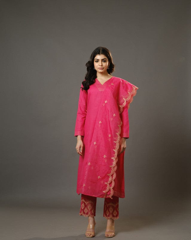 Pink Full Sleeves Cotton Blend Slub Thread Work Calf Length Kurta Set - With Dupatta