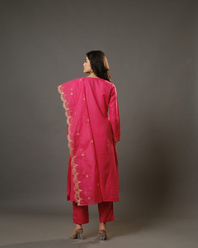 Pink Full Sleeves Cotton Blend Slub Thread Work Calf Length Kurta Set - With Dupatta