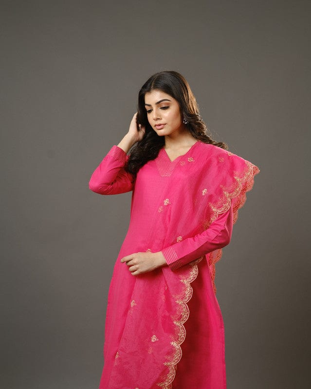 Pink Full Sleeves Cotton Blend Slub Thread Work Calf Length Kurta Set - With Dupatta