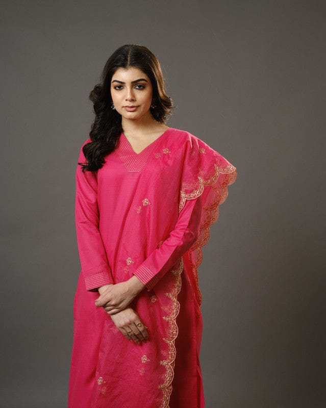 Pink Full Sleeves Cotton Blend Slub Thread Work Calf Length Kurta Set - With Dupatta