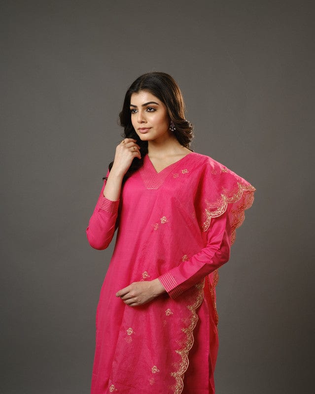 Pink Full Sleeves Cotton Blend Slub Thread Work Calf Length Kurta Set - With Dupatta