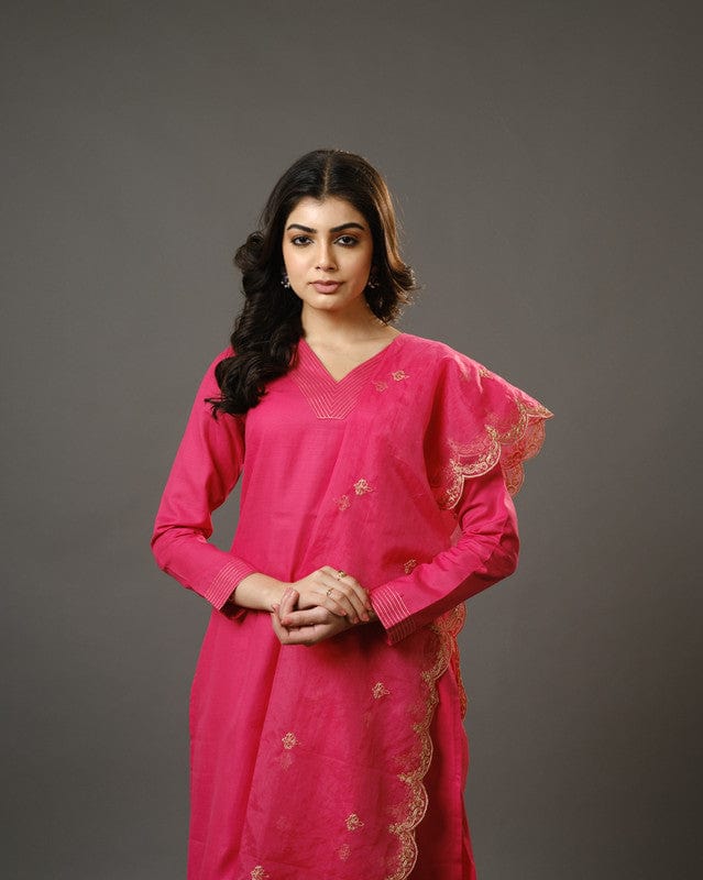 Pink Full Sleeves Cotton Blend Slub Thread Work Calf Length Kurta Set - With Dupatta