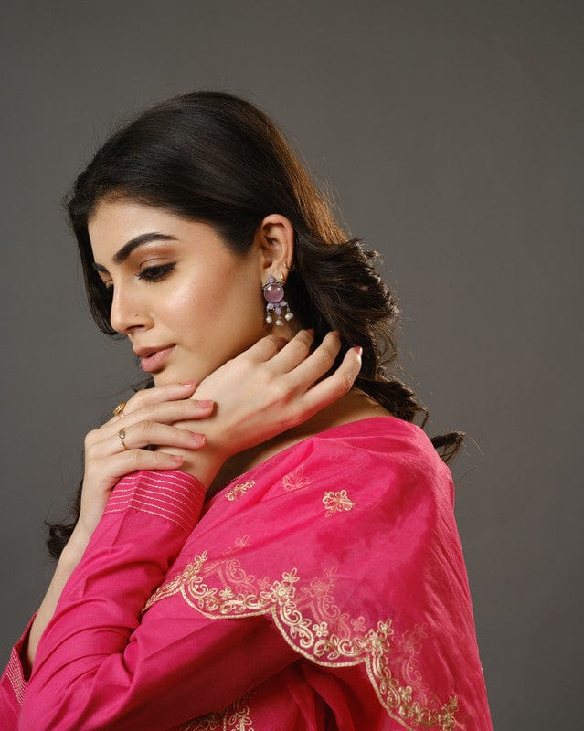 Pink Full Sleeves Cotton Blend Slub Thread Work Calf Length Kurta Set - With Dupatta