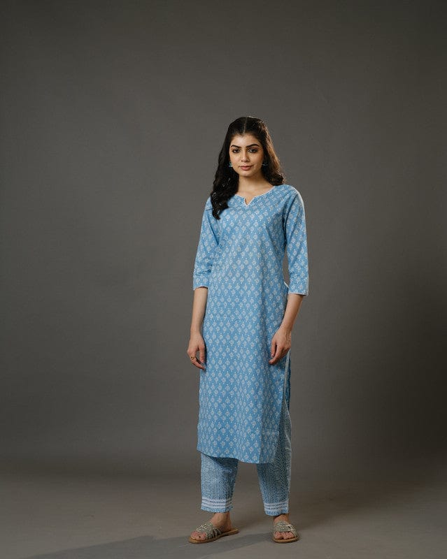 Sky Blue 3/4th Sleeves Cotton Block Print Calf Length Kurta Set - With Dupatta