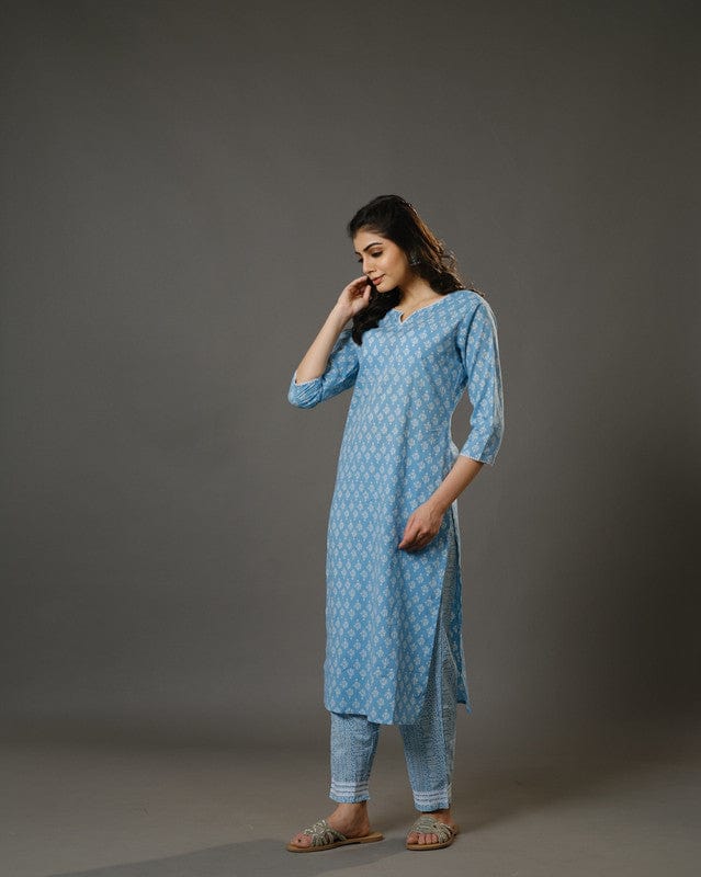 Sky Blue 3/4th Sleeves Cotton Block Print Calf Length Kurta Set - With Dupatta