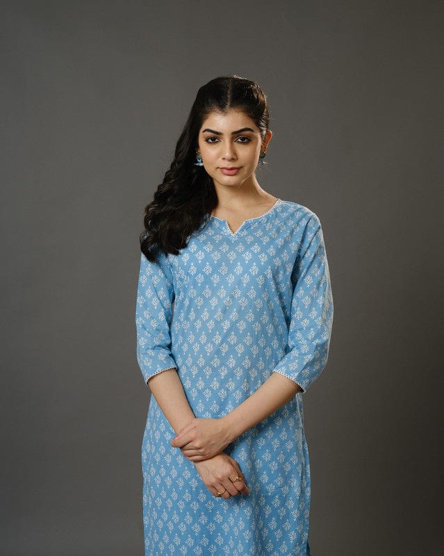 Sky Blue 3/4th Sleeves Cotton Block Print Calf Length Kurta Set - With Dupatta