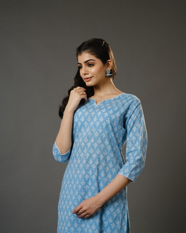 Sky Blue 3/4th Sleeves Cotton Block Print Calf Length Kurta Set - With Dupatta