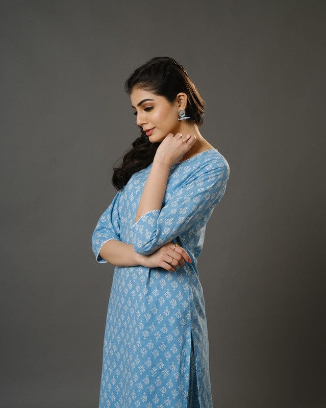 Sky Blue 3/4th Sleeves Cotton Block Print Calf Length Kurta Set - With Dupatta
