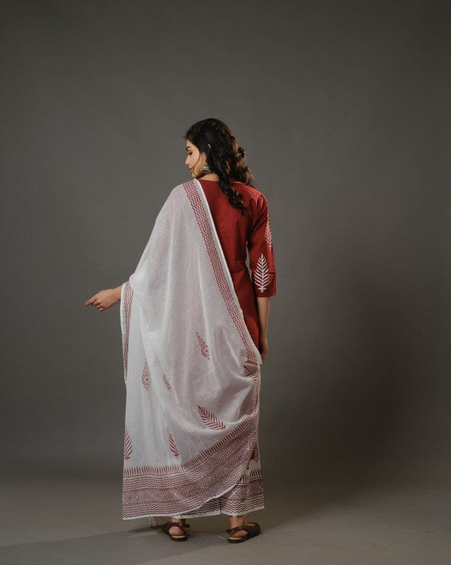 Maroon 3/4th Sleeves Cotton Machine Embroidery, Block Print Calf Length Kurta Set - With Dupatta