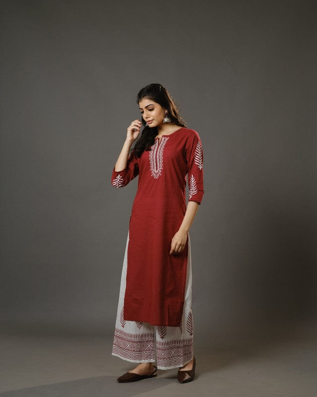 Maroon 3/4th Sleeves Cotton Machine Embroidery, Block Print Calf Length Kurta Set - With Dupatta
