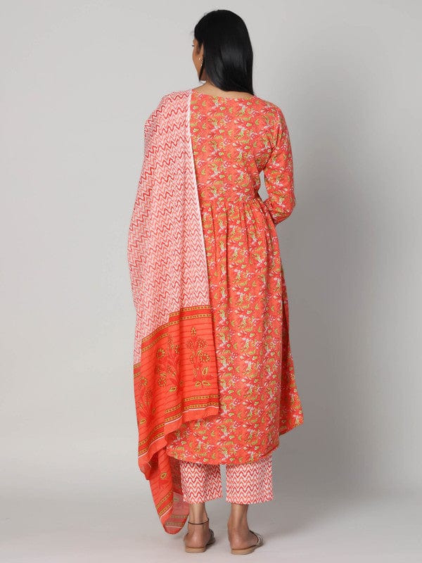 Orange 3/4th Sleeves Cotton All over print Calf length Kurta Set - With Dupatta