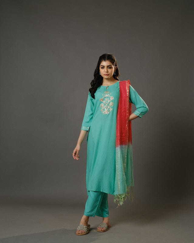 Sage Green 3/4th Sleeves Cotton Slub Thread Work Calf Length Kurta Set - With Dupatta