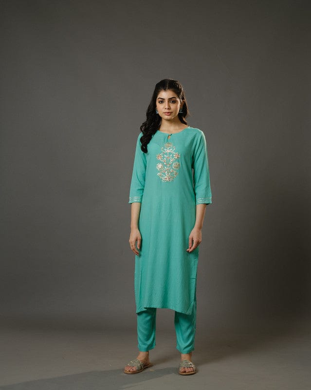 Sage Green 3/4th Sleeves Cotton Slub Thread Work Calf Length Kurta Set - With Dupatta