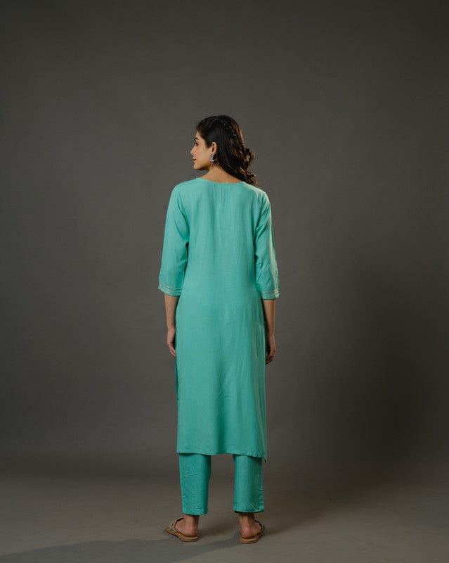 Sage Green 3/4th Sleeves Cotton Slub Thread Work Calf Length Kurta Set - With Dupatta