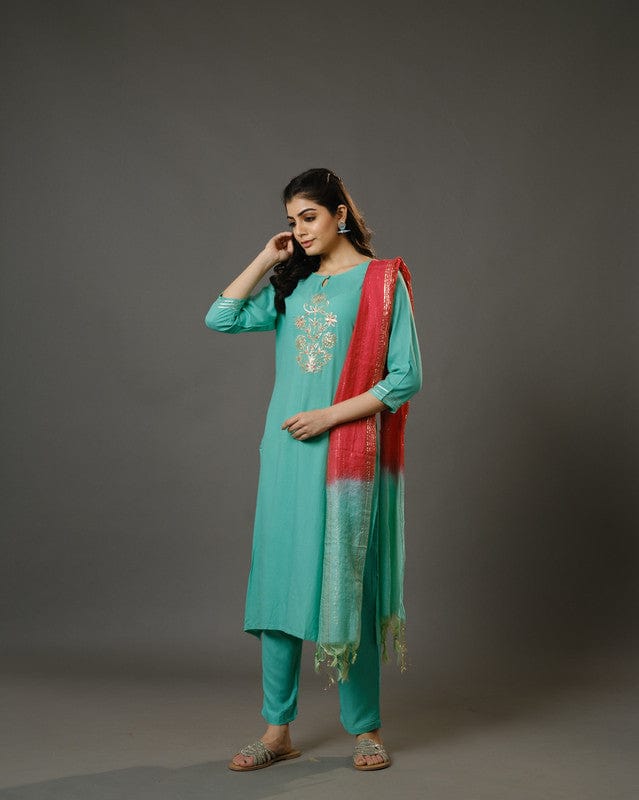 Sage Green 3/4th Sleeves Cotton Slub Thread Work Calf Length Kurta Set - With Dupatta