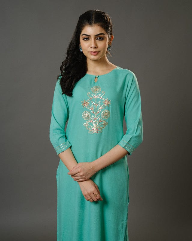 Sage Green 3/4th Sleeves Cotton Slub Thread Work Calf Length Kurta Set - With Dupatta