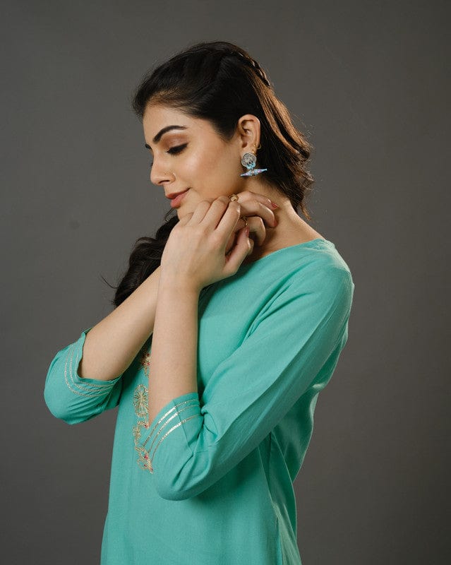 Sage Green 3/4th Sleeves Cotton Slub Thread Work Calf Length Kurta Set - With Dupatta
