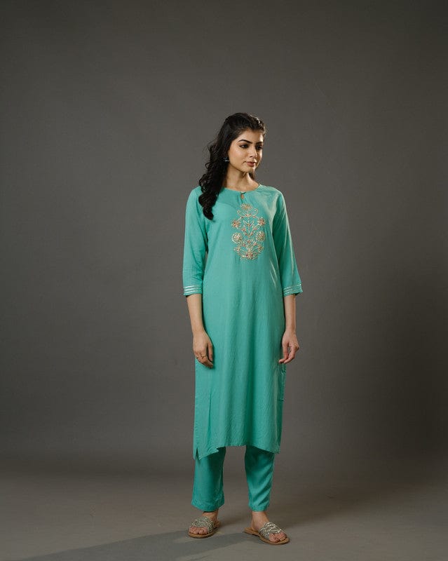 Sage Green 3/4th Sleeves Cotton Slub Thread Work Calf Length Kurta Set - With Dupatta