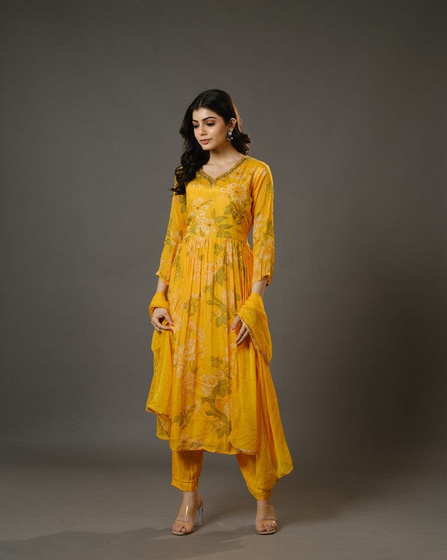 Yellow 3/4th Sleeves Chiffon Digital Floral Print, Embellishment, Mirror Work Calf Length Kurta Set - With Dupatta