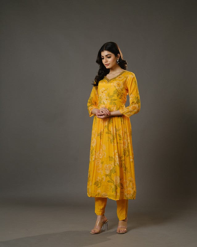 Yellow 3/4th Sleeves Chiffon Digital Floral Print, Embellishment, Mirror Work Calf Length Kurta Set - With Dupatta
