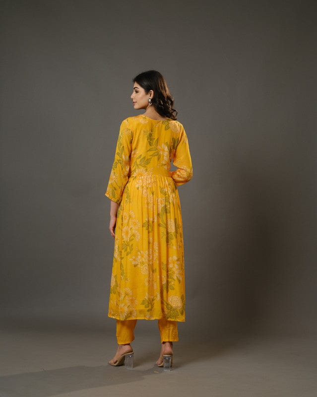 Yellow 3/4th Sleeves Chiffon Digital Floral Print, Embellishment, Mirror Work Calf Length Kurta Set - With Dupatta