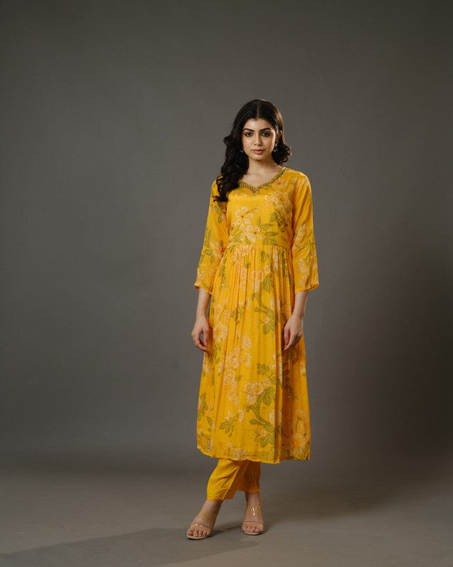 Yellow 3/4th Sleeves Chiffon Digital Floral Print, Embellishment, Mirror Work Calf Length Kurta Set - With Dupatta