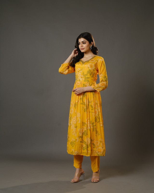 Yellow 3/4th Sleeves Chiffon Digital Floral Print, Embellishment, Mirror Work Calf Length Kurta Set - With Dupatta