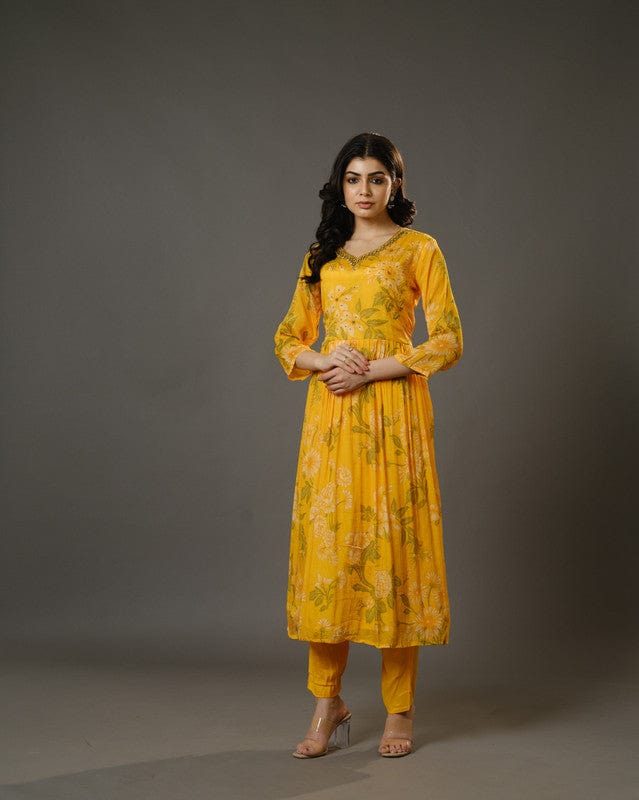 Yellow 3/4th Sleeves Chiffon Digital Floral Print, Embellishment, Mirror Work Calf Length Kurta Set - With Dupatta
