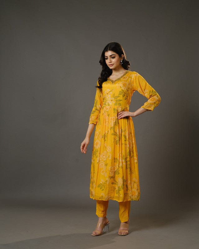Yellow 3/4th Sleeves Chiffon Digital Floral Print, Embellishment, Mirror Work Calf Length Kurta Set - With Dupatta
