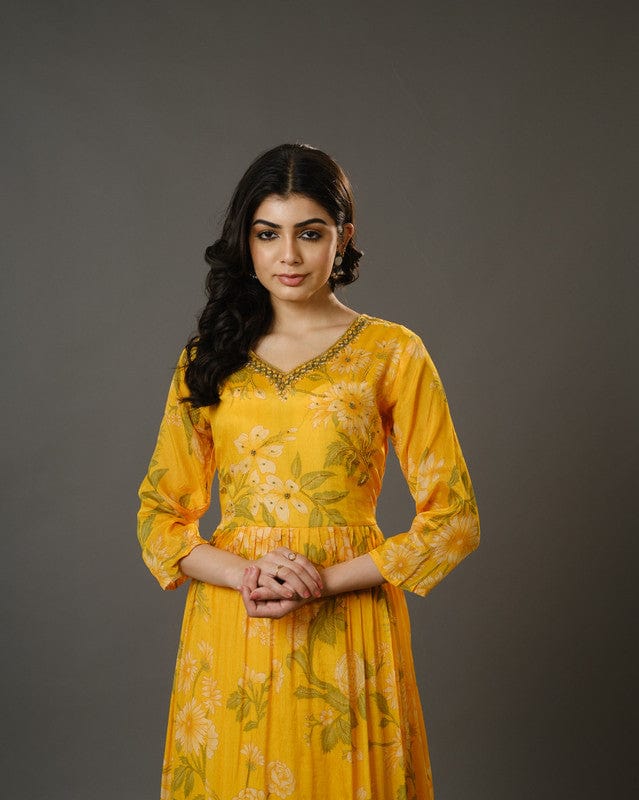 Yellow 3/4th Sleeves Chiffon Digital Floral Print, Embellishment, Mirror Work Calf Length Kurta Set - With Dupatta