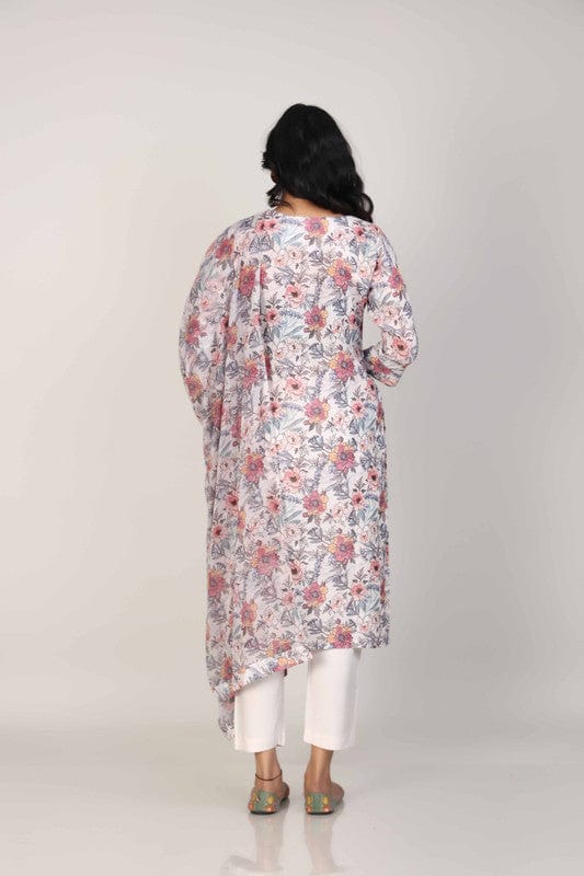 Stone 3/4th Sleeves Linen All over print and Neck placket Calf length Kurta Set - With Dupatta